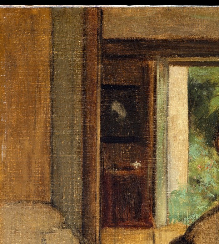 The window pours diffuse grey-white light that rims the left edge of the sitter's head , Degas borrows the contre-jour device he admired in Velázquez.