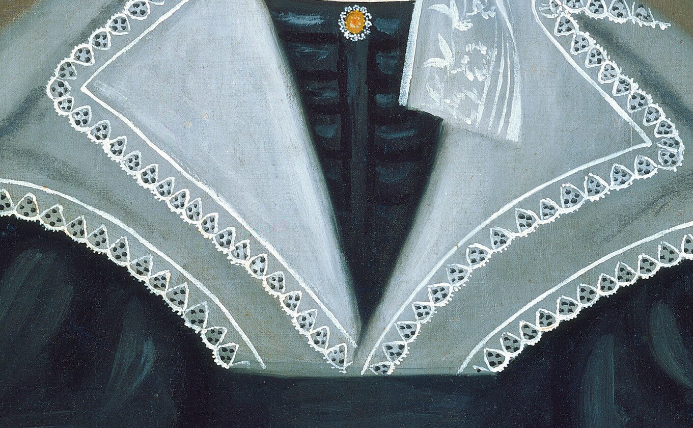 Look at the fine lace of her collar, around her neck.