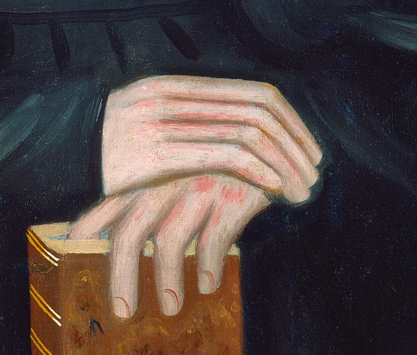 The gentle placement of her hands suggests a calm and composed demeanor, reinforcing the portrait's overall sense of dignity.