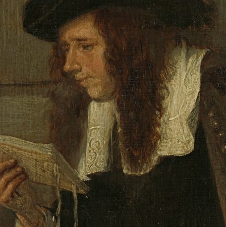 Look at the man's elaborate ruff collar and dark cloak.