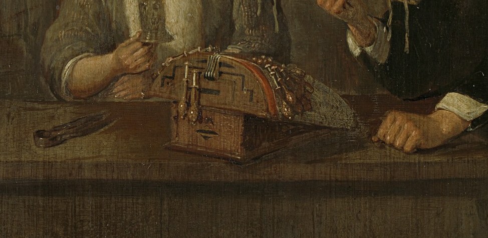 Her dress and the objects on the table suggest domesticity.