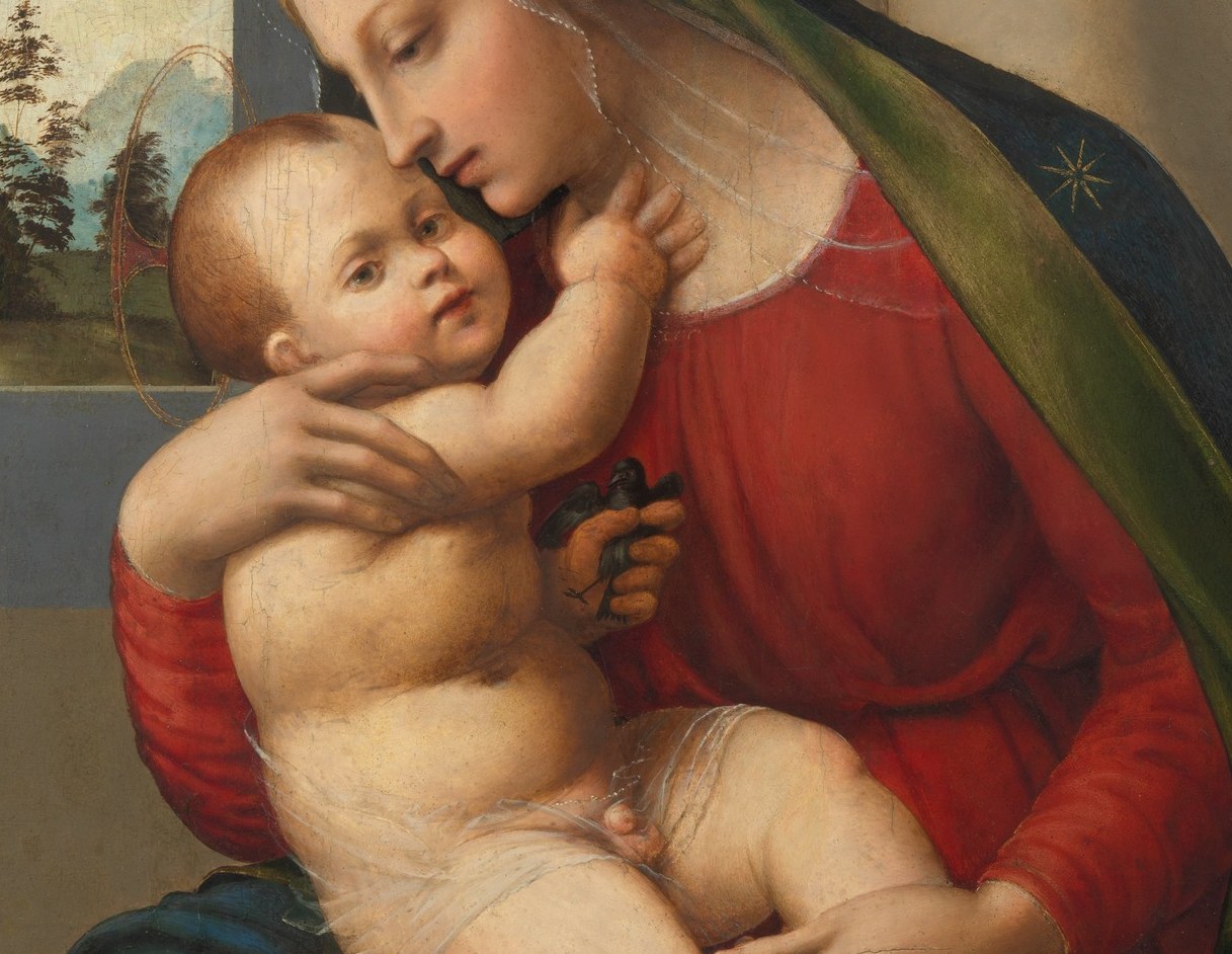 The saturated red , loaded with blood, love, and future Passion , dominates the mid-painting and would have been expensive pigment (vermilion or red lake) to produce in 1520.