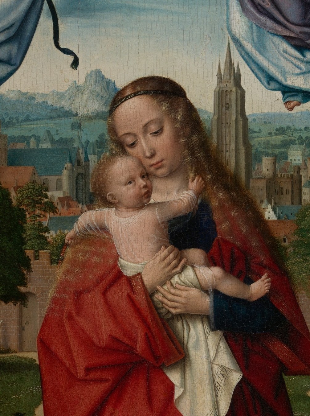 The Christ Child's plump body and active posture , one hand perhaps reaching , embody the paradox of the divine made flesh in a vulnerable infant.