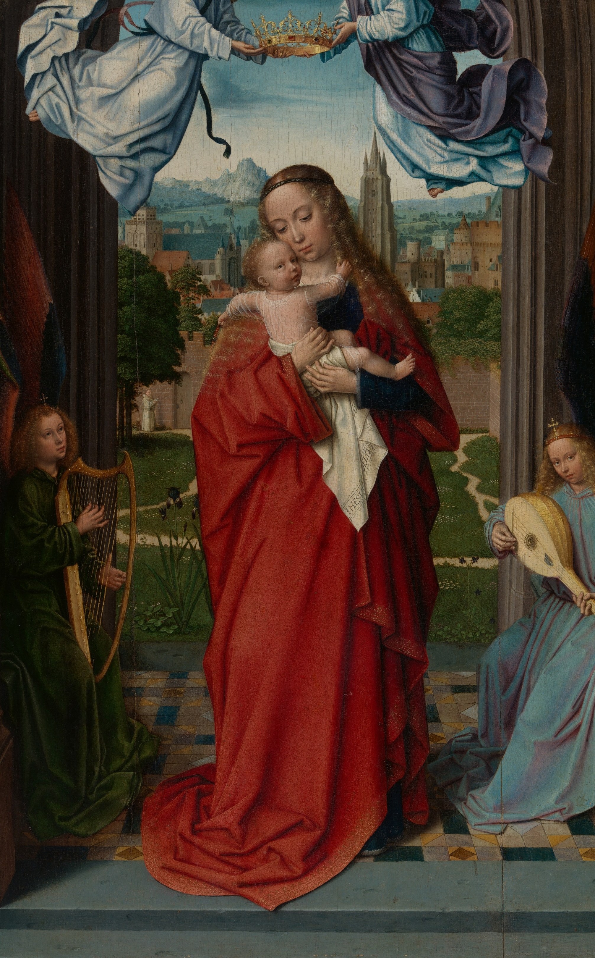 A virtuoso passage of Flemish oil technique: the crimson fabric pools in complex overlapping folds, demonstrating the medium's unmatched capacity for depicting textile texture and reflected light.