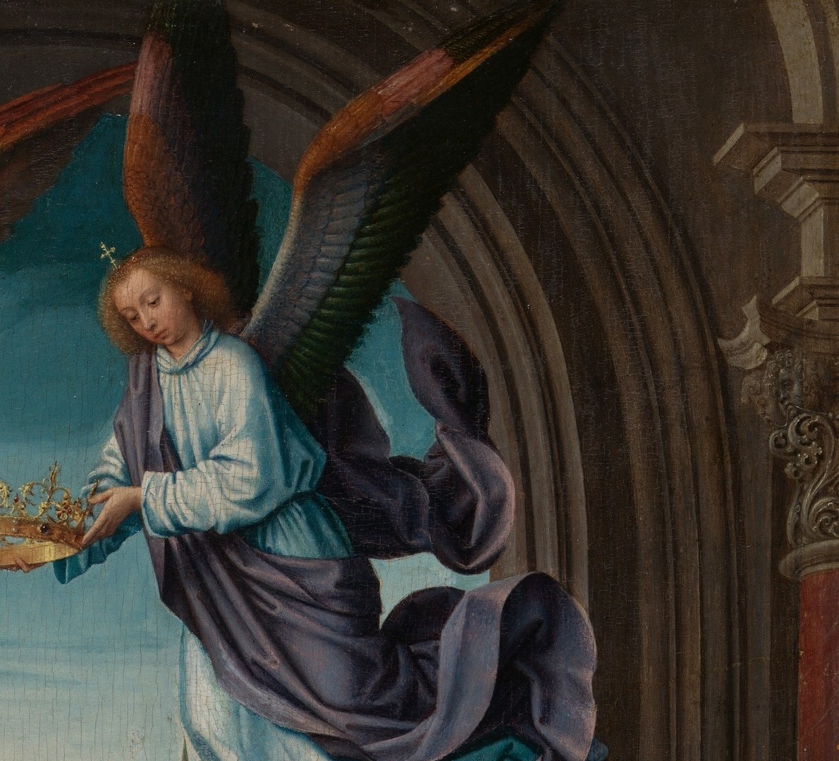 Mirrors the left crowning angel; together they frame the crown in a bilateral symmetry that formalizes the sacred moment.