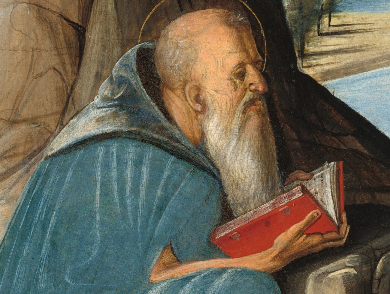 The book is Jerome's primary attribute , scholar, translator of the Bible , and the warm red cover pops against the blue robe, making it a natural close-up landing point.