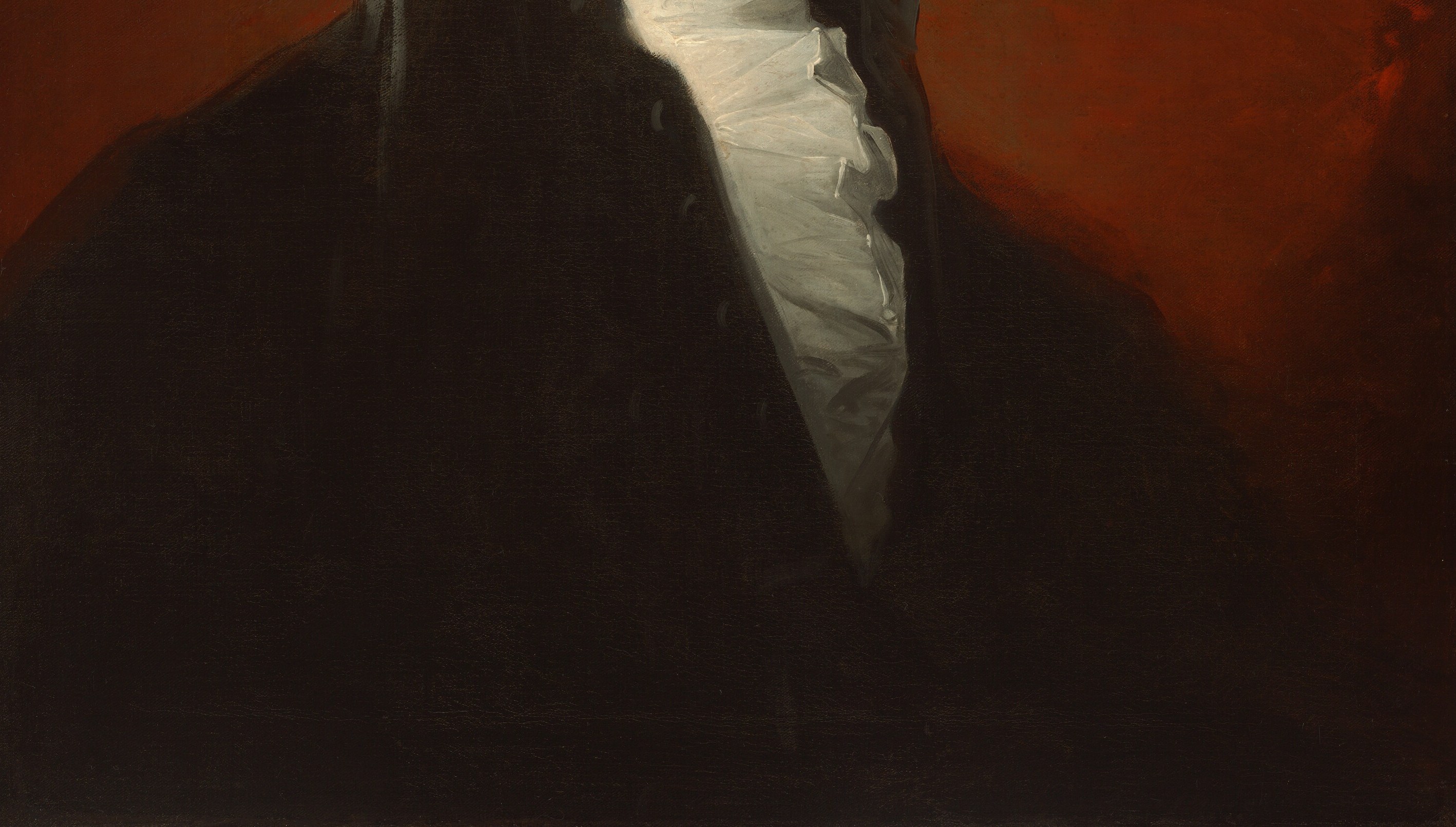 The near-black coat fills the lower two-thirds, creating the dramatic tonal contrast that thrusts the illuminated face forward; the sparse brushwork in the coat fabric rewards close inspection.