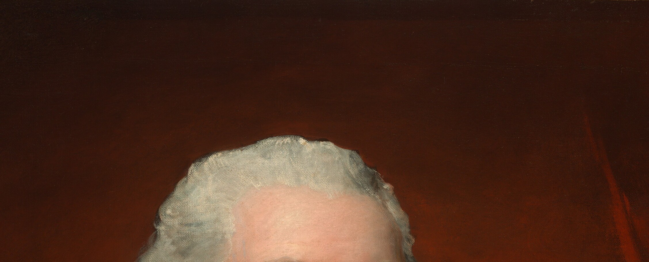 Stuart renders the powdered hair with loose, airy strokes that contrast sharply with the tight skin modeling below , a deliberate technique to direct the eye inward toward the face.