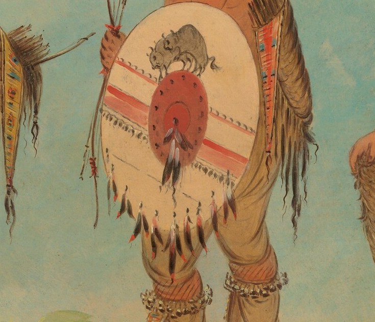 His shield's design may depict a buffalo, hinting at tribal identity.