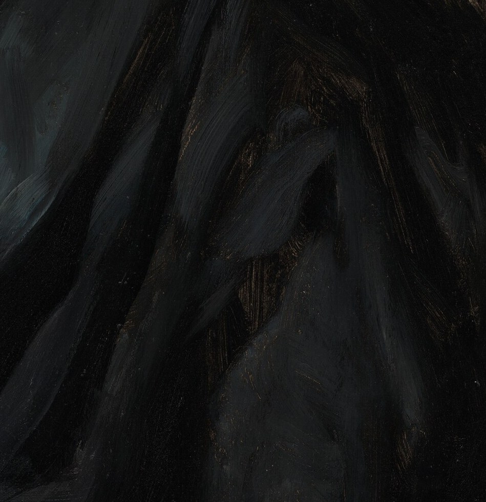 Look closely at the visible brushstrokes in her dress.