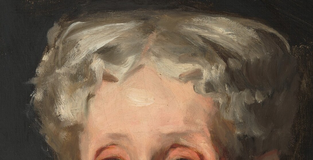 The loose, impressionistic rendering of her hair suggests movement and a softness that contrasts with her formal attire.