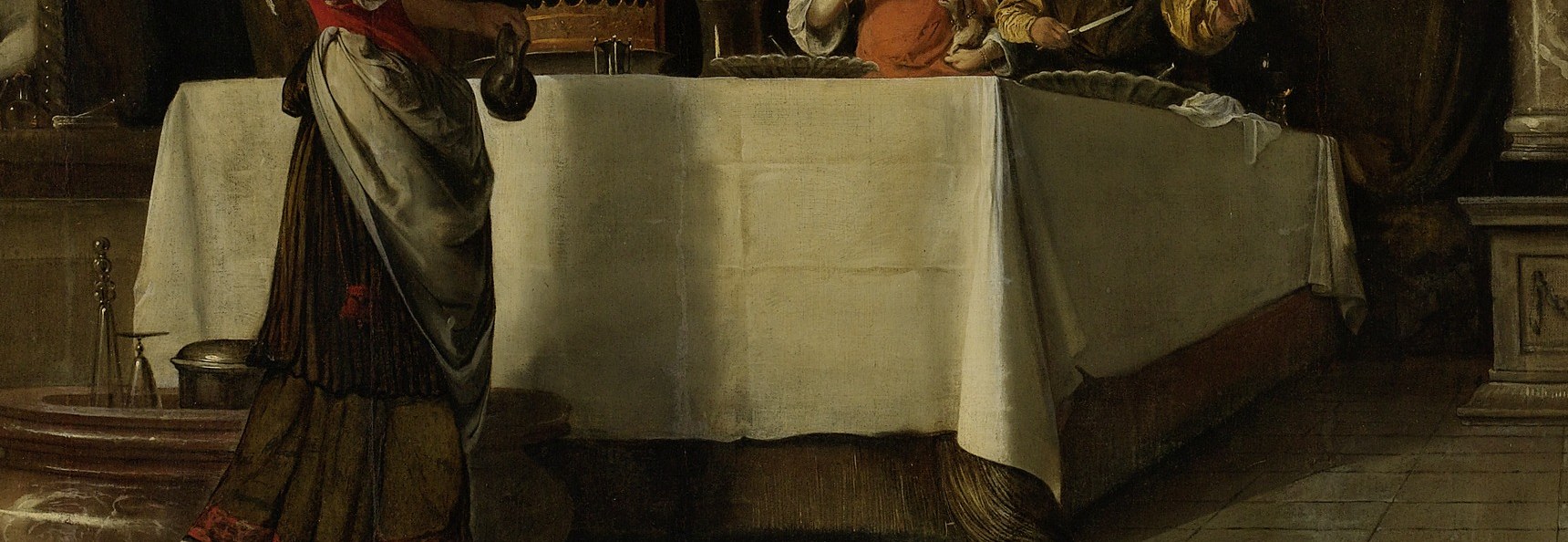 His table is laden with food, a feast of luxury.