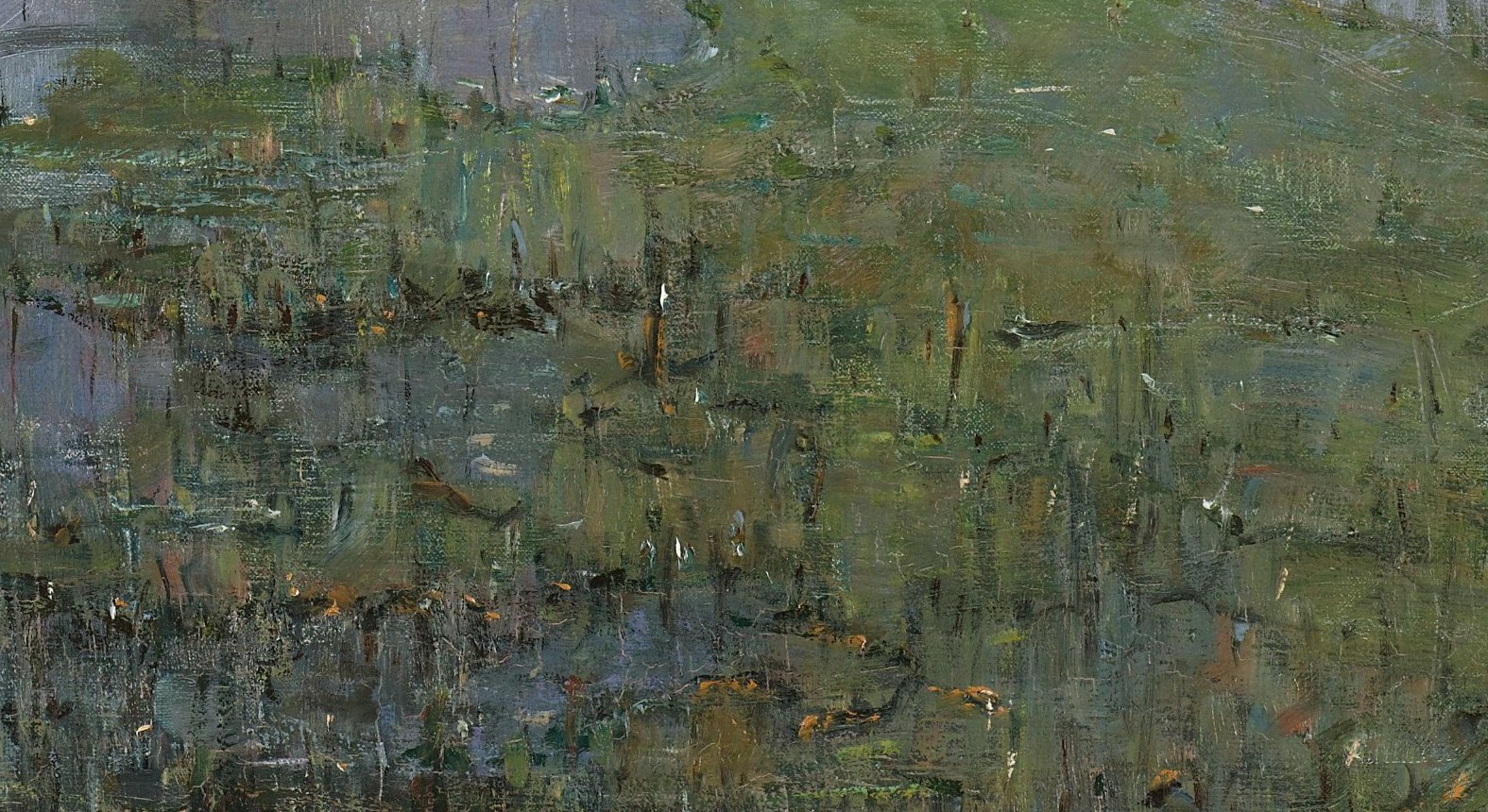 His brush dabs the river into rough, textural patches of light.