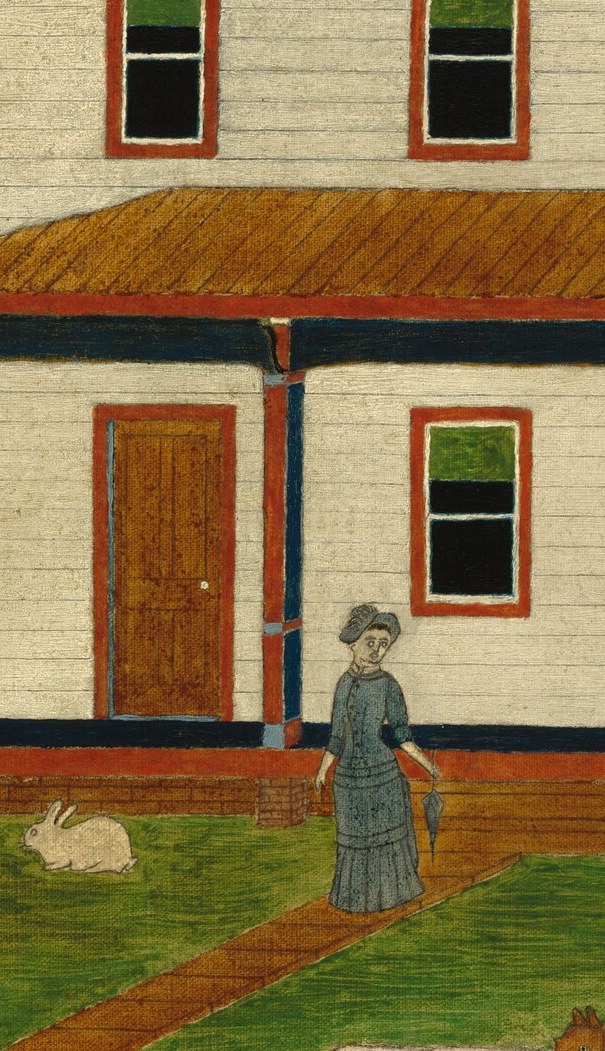A woman stands beside a covered porch, her dog nearby.