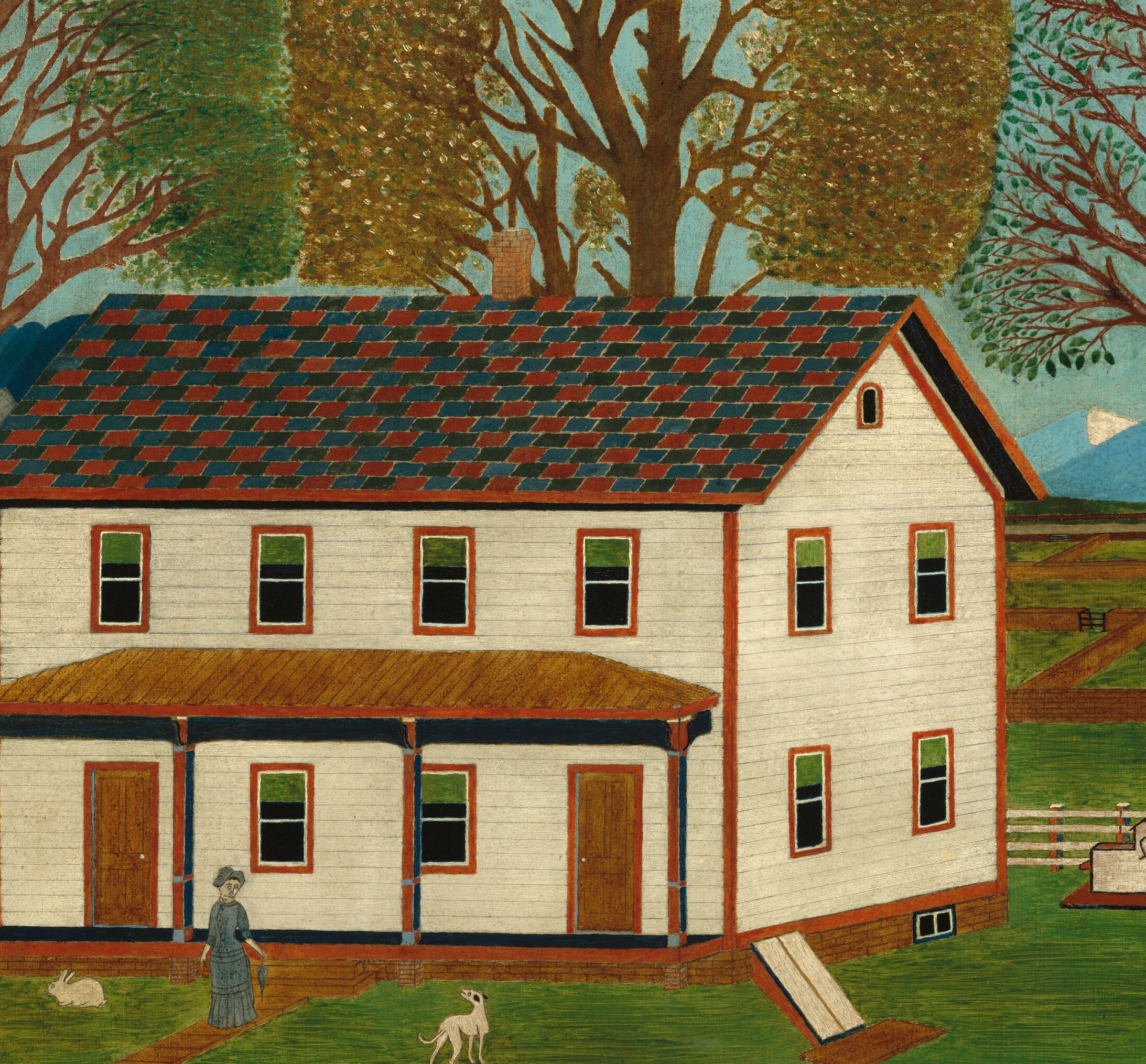 The architectural centerpiece , its crisp white walls, red-trimmed windows, and covered front porch read as a quintessential Pennsylvania German farmstead; the folk-art flatness of perspective is itself a technique worth examining.