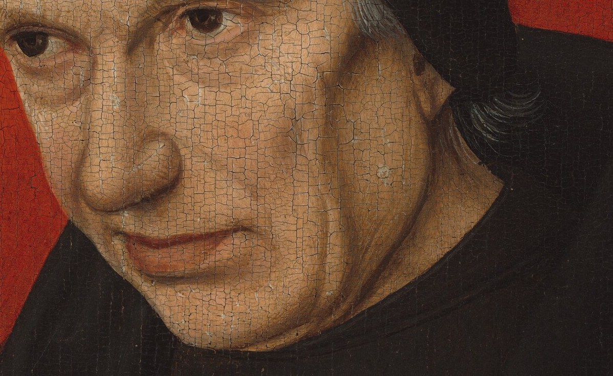 The shadow on his jaw is real stubble, painted from life.
