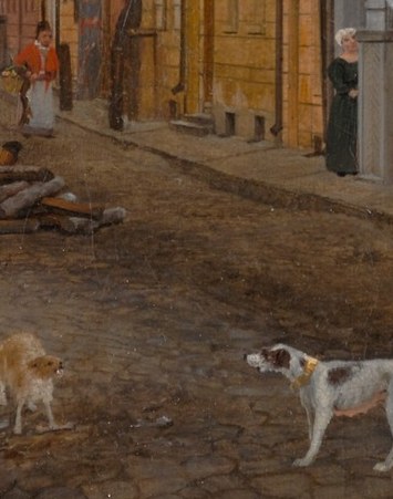 A recurring motif in Gaertner's Berlin series; the dog grounds the scene in unidealized street reality and gives human scale to the wide roadway