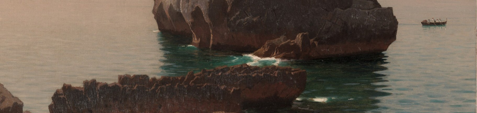 The tranquil sea perfectly mirrors the hazy sky above.