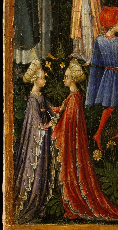 The richest single patch of blue in the painting; in medieval iconography blue signals heavenly virtue and is the Virgin's color , this figure may be a Marian saint or apostle
