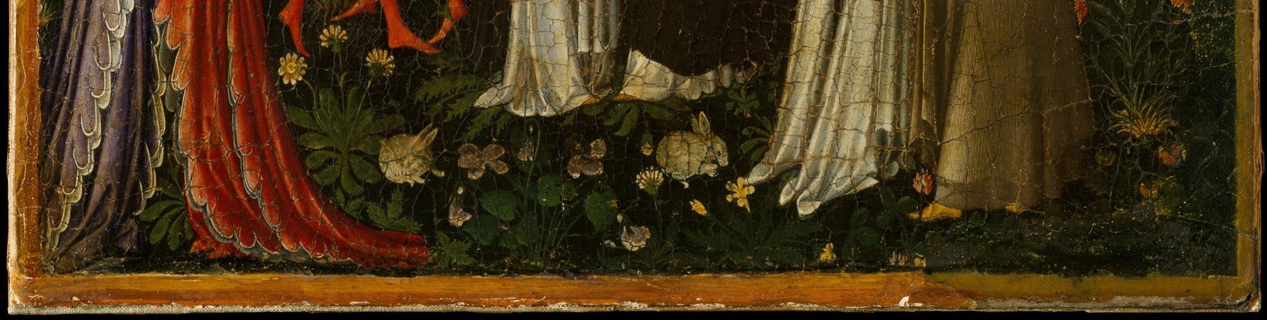 The hortus conclusus floor , scattered flowers identify Paradise as the locus amoenus, Eden restored; individual species in the original pigment were likely chosen for their Marian symbolism