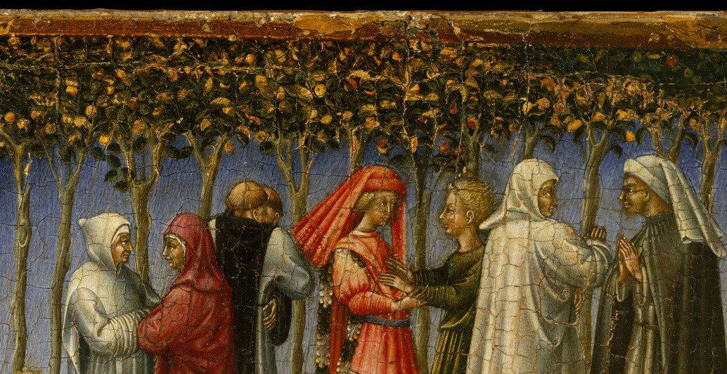 Multiple halos stacked and overlapping convey the medieval formula for 'innumerable saints' , each disc individually painted yet dissolving into a collective golden band