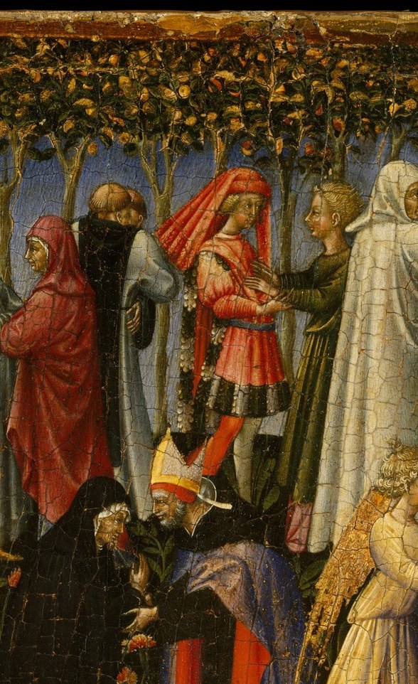 The single most volumetrically commanding mortal figure , bright red signals martyrdom or divine charity; scale and placement assert the highest saintly rank among the blessed