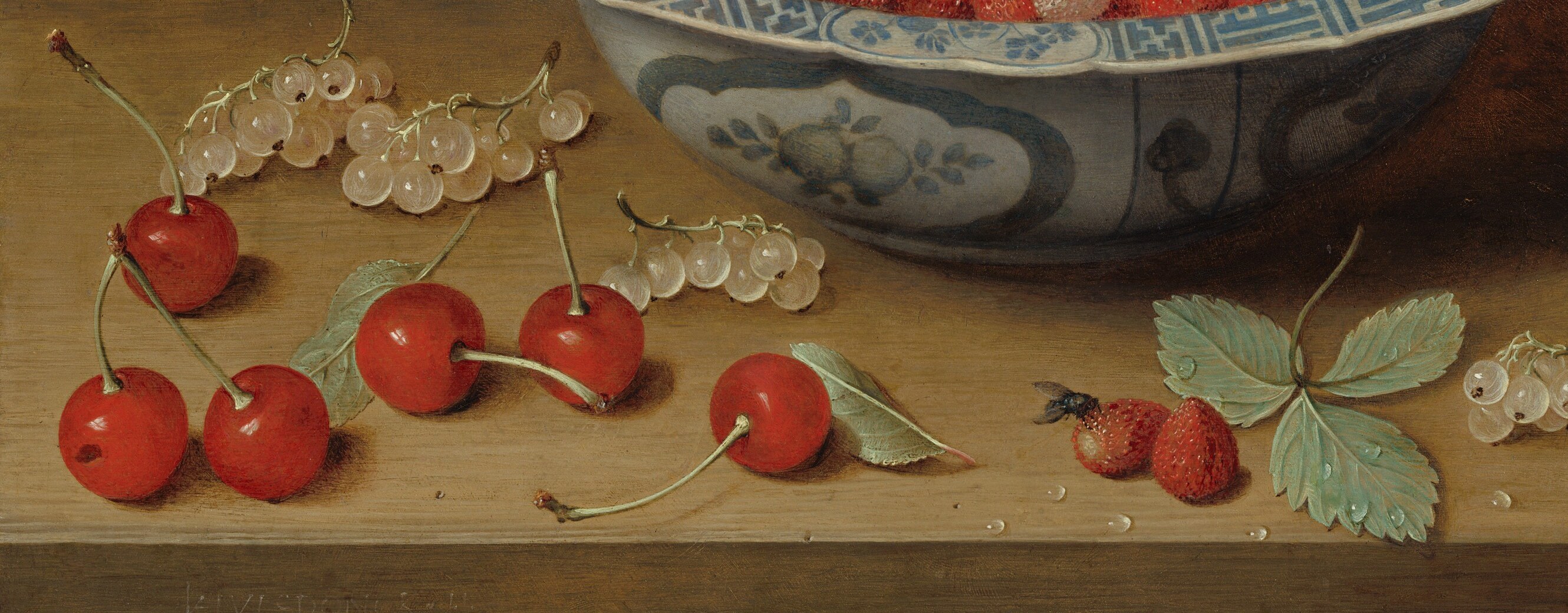 The spilled fruit breaks the bowl's containment, creating a narrative of abundance overflowing; each cherry's reflected highlight shows the copper support enabling exceptional luminosity.
