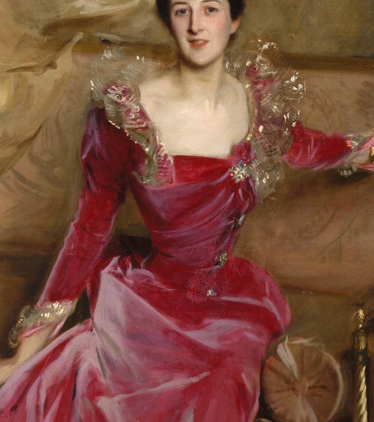 Mrs. Hugh Hammersley sits for him in a gown of brilliant crimson silk.
