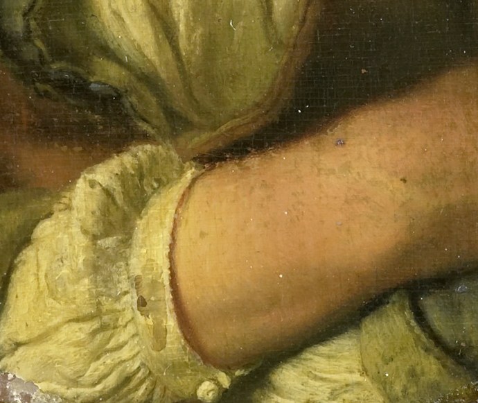 His hands rest on the frame, almost breaking the illusion.
