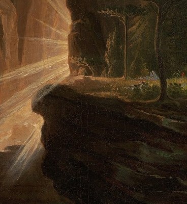 This dramatic shaft of light symbolizes divine intervention or judgment, illuminating the path of their banishment.