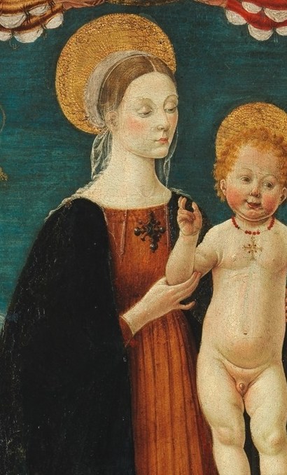 Unusually active pose for an infant , he stands upright on the Madonna's hand, a sign of divinity and prefigured triumph rather than infantile helplessness