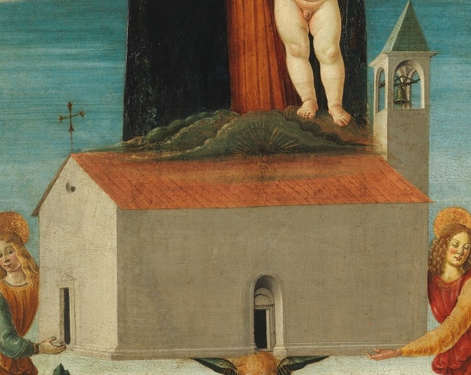 Angels lift the Virgin Mary's house through the sky.