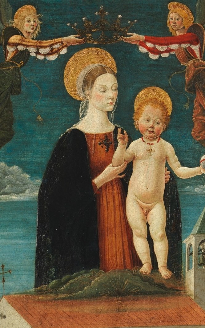 The central devotional axis of the entire composition , her golden halo and dark blue mantle radiate authority and calm amid the miraculous flight