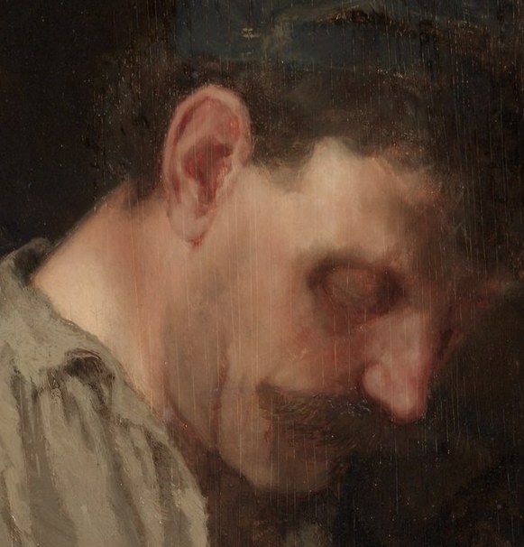 It sculpts his face with deep shadows.