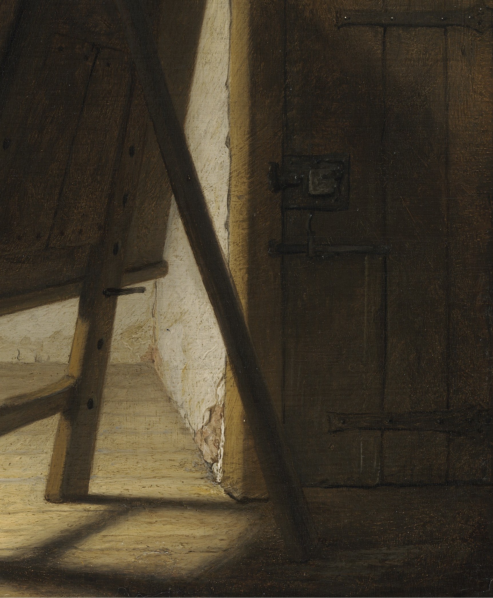 The strong chiaroscuro highlights the easel and the wall, creating a sense of depth and focusing attention.