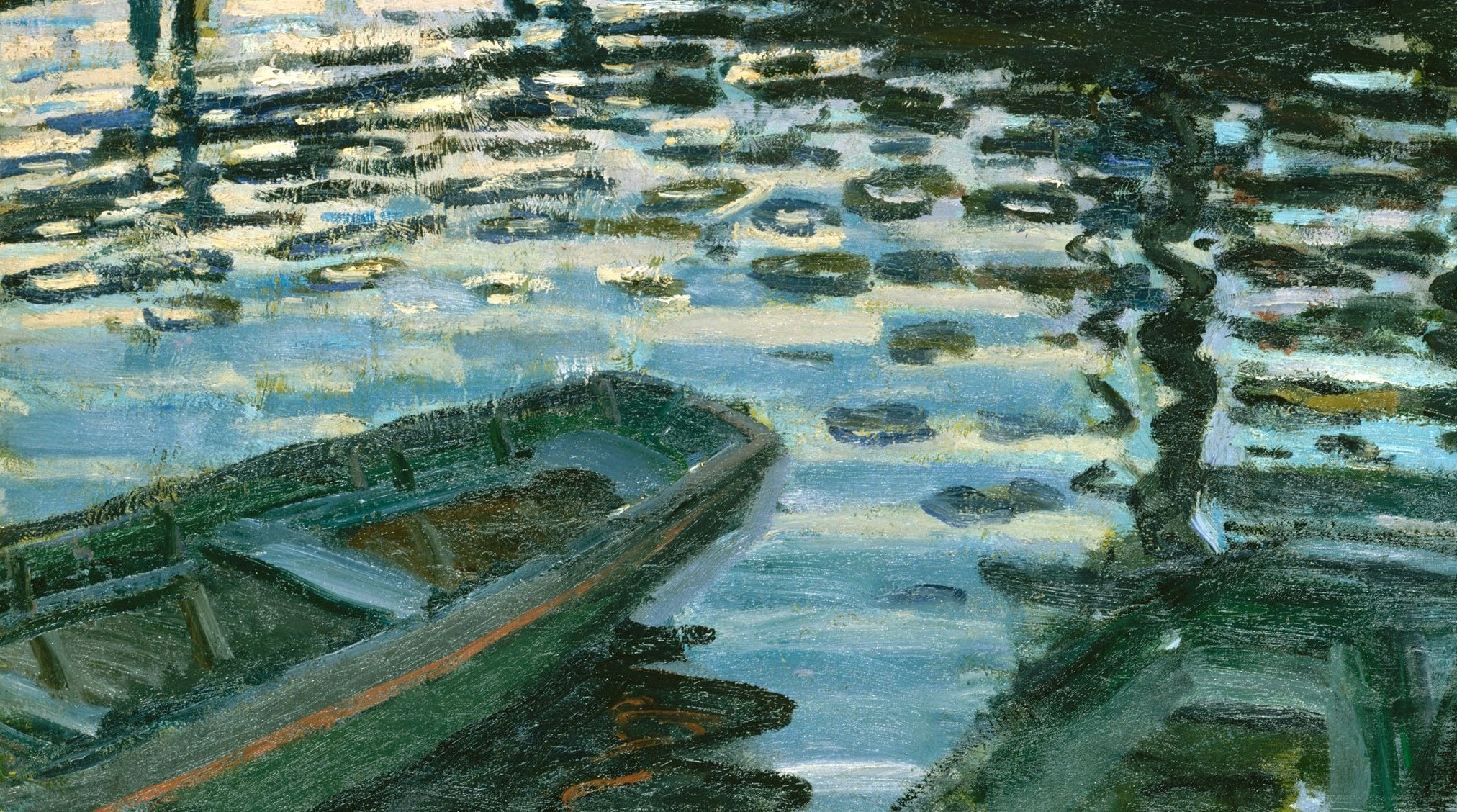 The most virtuosic passage; Monet captures how direct afternoon sunlight shatters into discrete shards on moving river water , no blending, just raw optical sensation