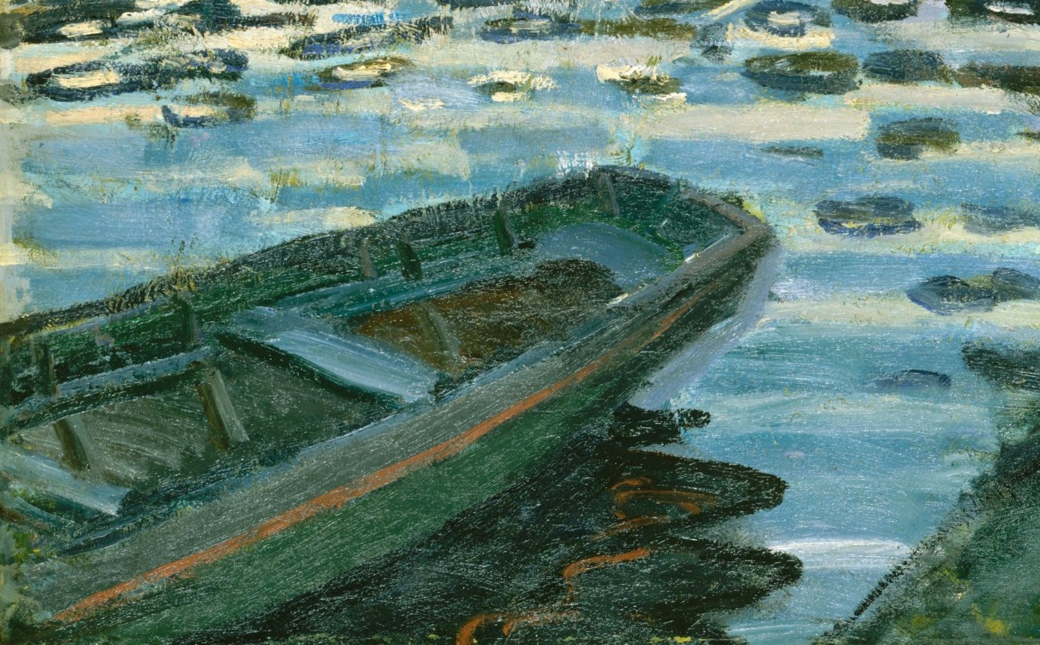 Their stillness and emptiness anchor the composition; these waiting vessels imply the activity off-frame and give the eye a stable entry point into the shimmering water