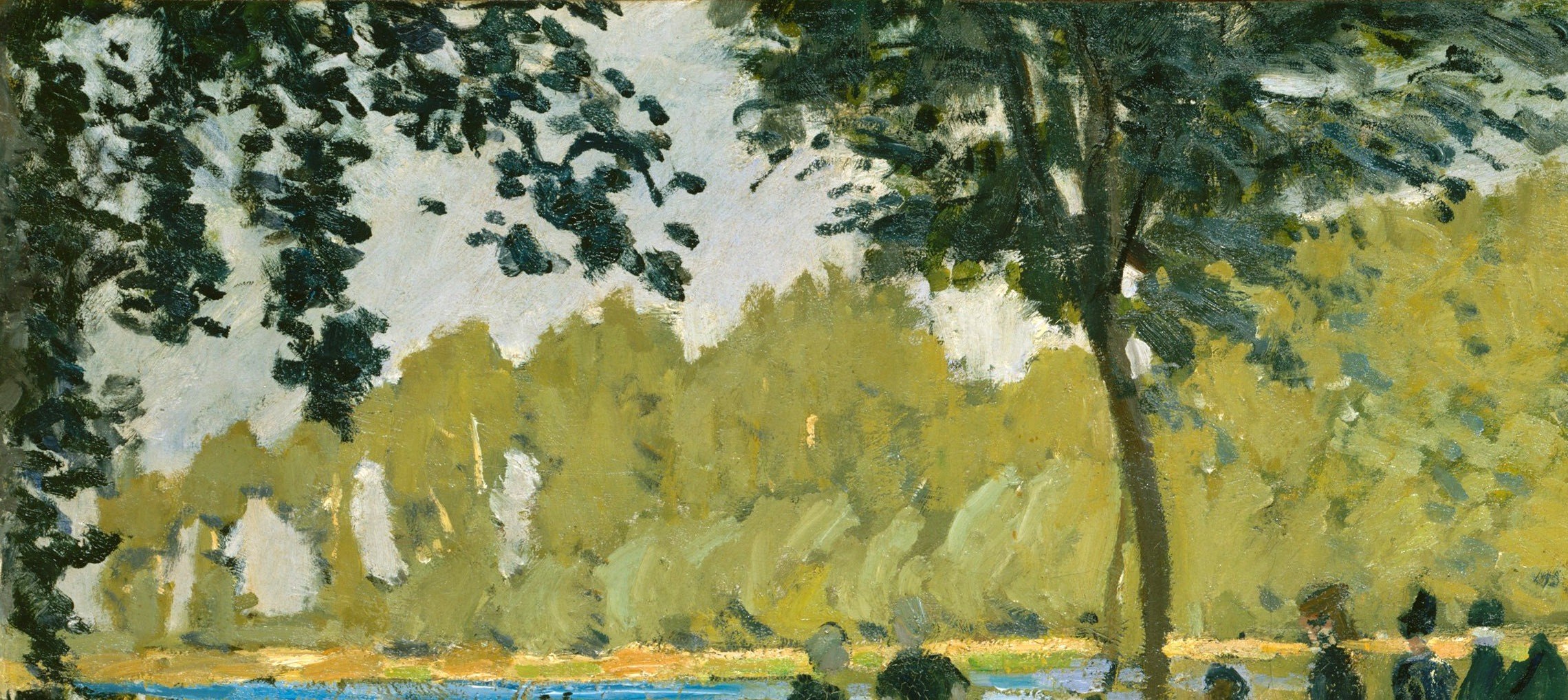 The same broken-stroke language applied to foliage as to water; Monet flattens depth into a shimmering screen of warm light, making nature as transient as the ripples below