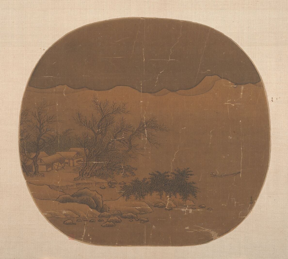 The rounded cartouche shape of the original fan is itself a filmable element , the format frames the scene like a window or portal, and its circular compression intensifies the feeling of a world glimpsed rather than surveyed.