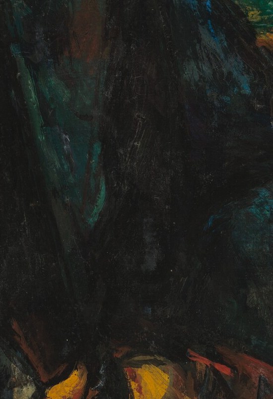 Every brushstroke builds his form, a monumental presence.