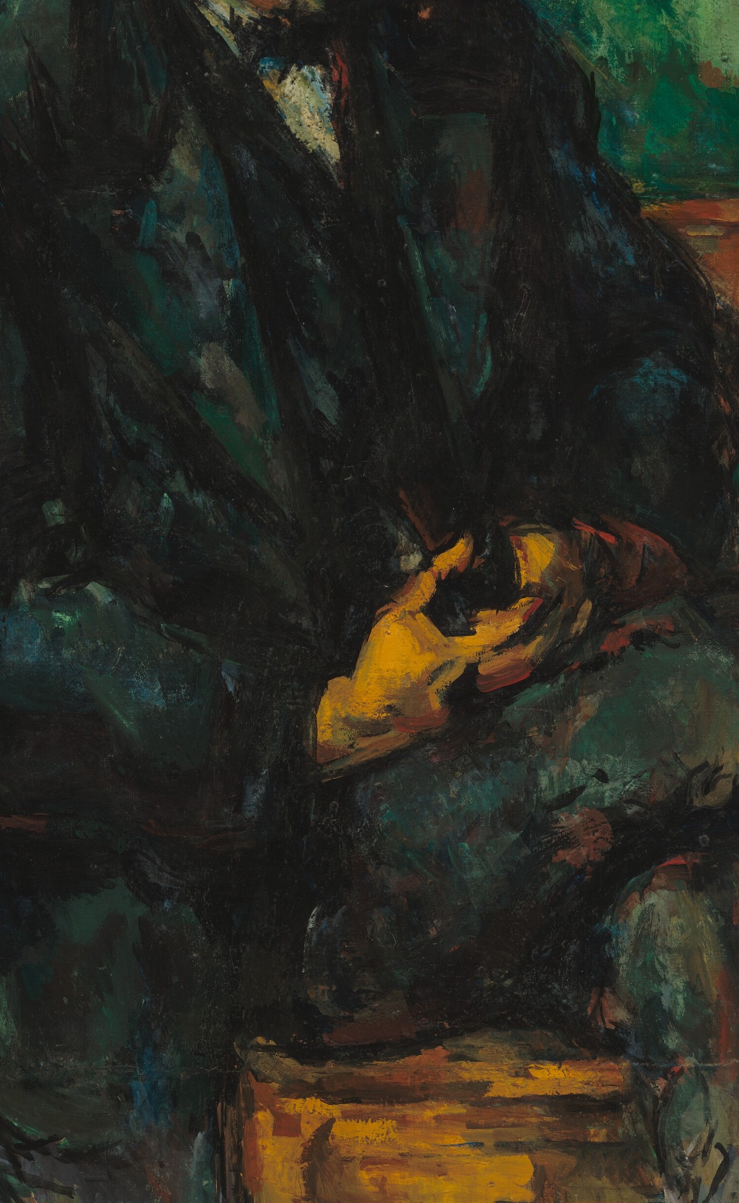 The heavy, dark fabric is depicted with broad, textured strokes, creating a sense of volume and presence.