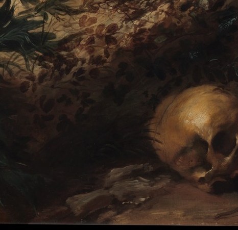 The classic vanitas prop anchors the composition's lower third; its hollow sockets rhyme with Francis's open eyes, pairing death-awareness with divine vision