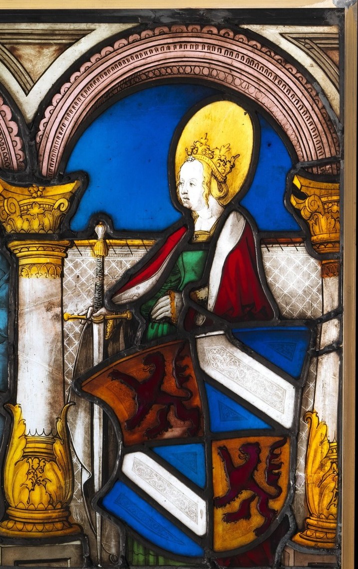 Opposite, Saint Catherine protects scholars and brides.