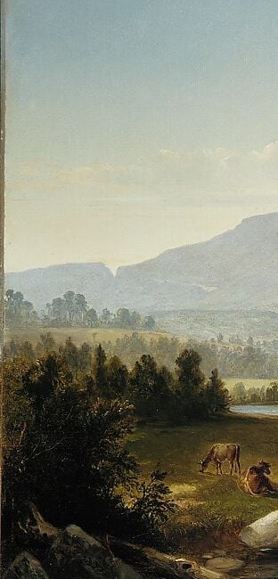 Classic Claude Lorrain repoussoir: the dark wing pushes the eye inward and makes the luminous center feel almost transcendently bright by contrast.