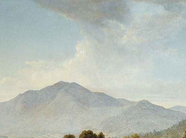 The painting's protagonist , its broad, rounded dome bathed in warm light reads as benevolent rather than threatening, a deliberate counter to European Romantic crags.