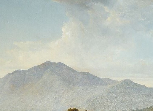 The off-canvas light source paints the mountain in gold against a cooler sky , the Hudson River School's visual shorthand for divine favor over the American landscape.