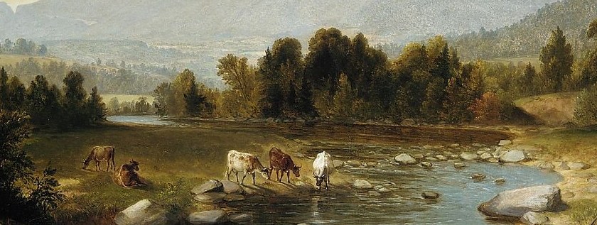 The compositional spine: its S-curve carries the eye from the cattle at mid-left through to the mountain and binds every element in the painting together.