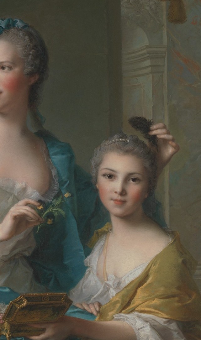 The warm yellow anchors the colour counterpoint to the mother's cool blue , a deliberate compositional choice linking the two figures chromatically