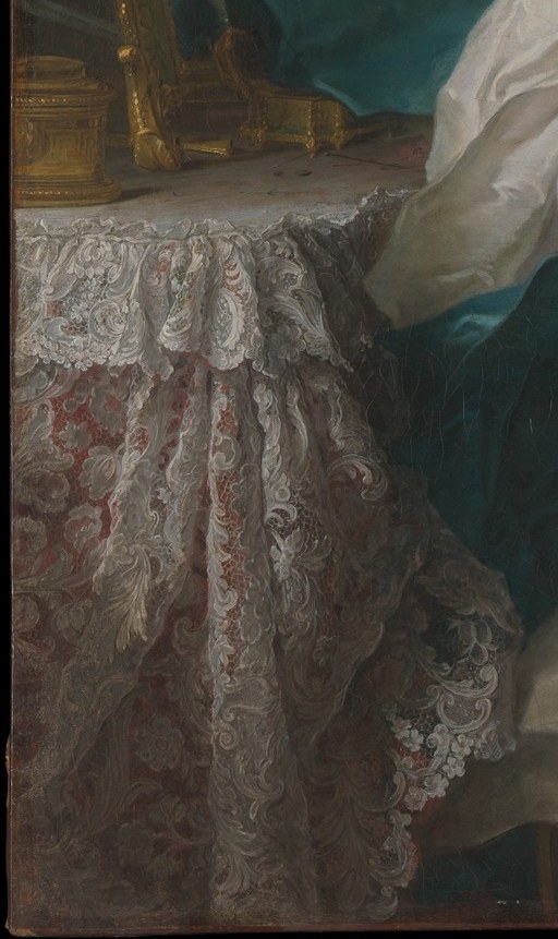 Fine point-de-France or bobbin lace rendered with virtuoso brushwork , a status marker and a showcase of Nattier's still-life skill
