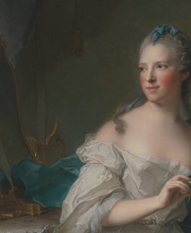 Nattier's hallmark blue-teal silk with schimmering highlights demonstrates his illusionistic fabric technique , arguably the painting's greatest technical feat
